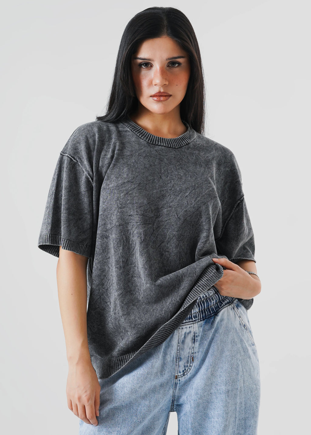 WASHED REVERSE LINKED OVERSIZED KNIT T-SHIRT